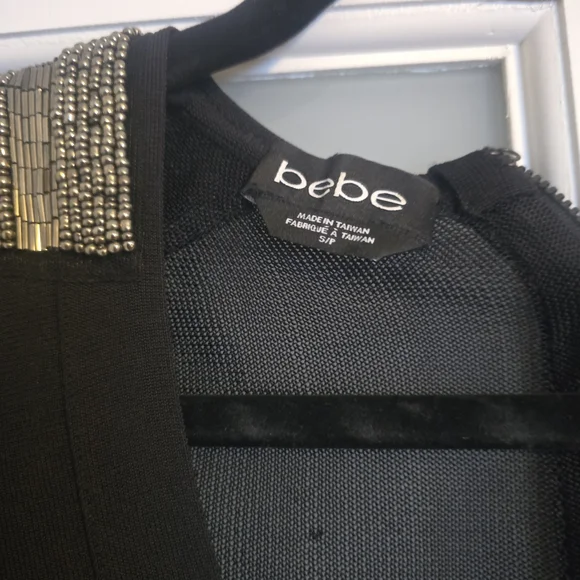 bebe Black Cropped V-Neck Top with Gold-Beaded Shoulders - Picture 2 of 3